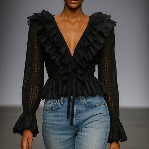 SIMONETT Cedrina Top Black Lace Ruffle Sheer Grid Blouse Long Sleeve V-Neck M